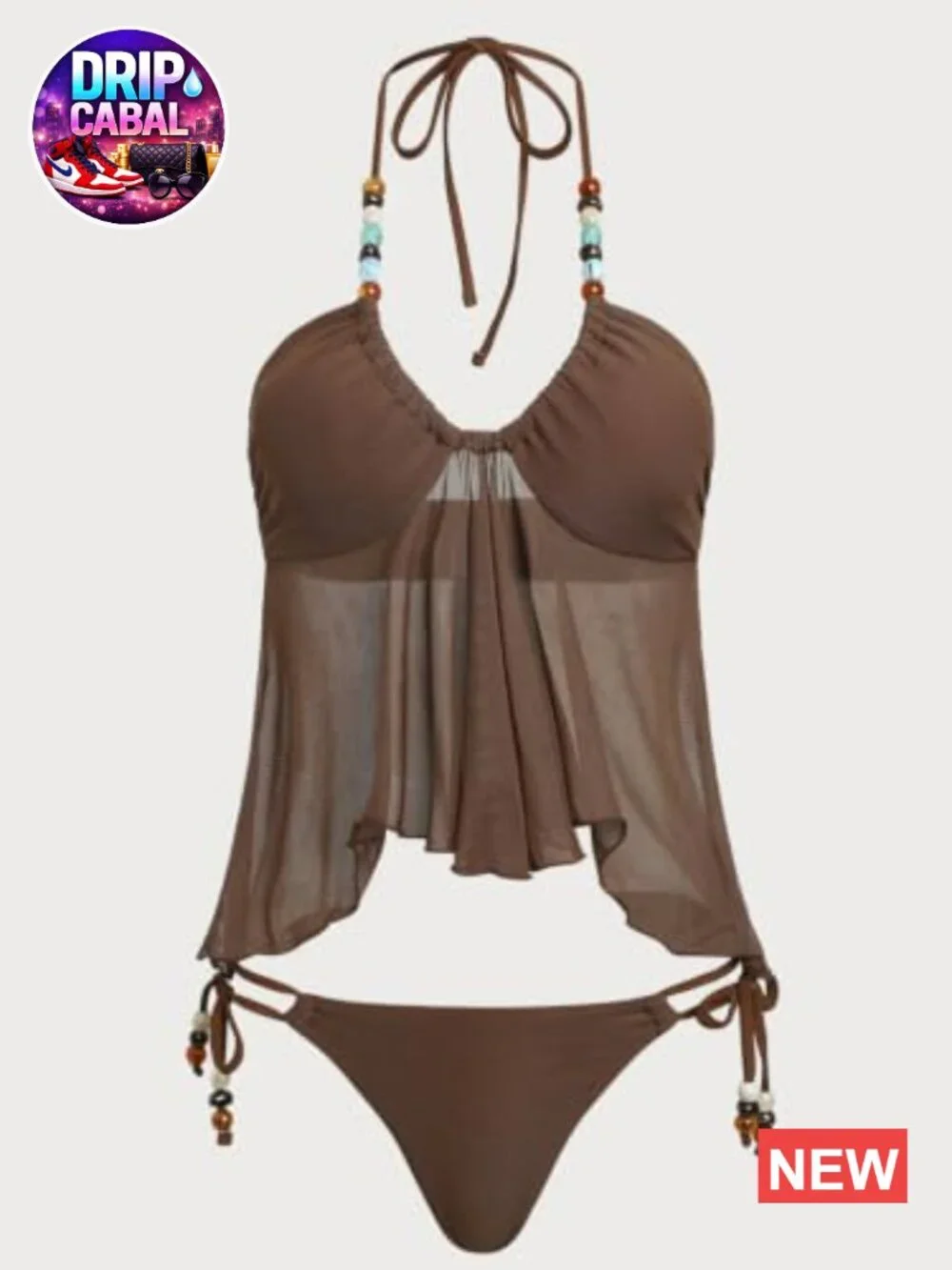 Flowy Mesh Halter V Neck Bandeau Swim Top & Cheeky Tie Side Thong 2 Piece